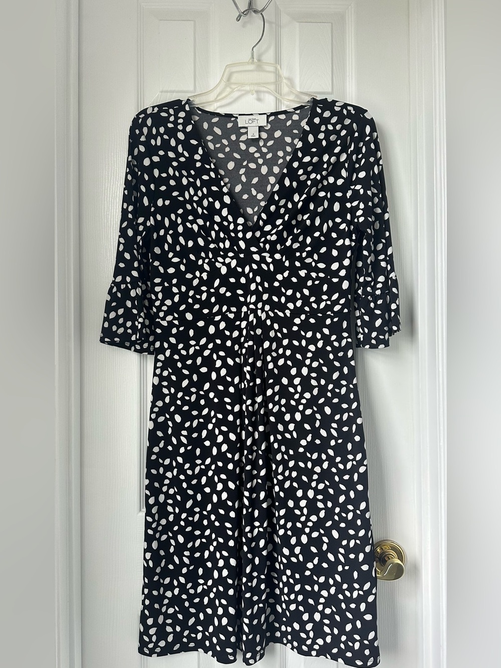 LOFT Black and White Leaf-Print Midi Dress